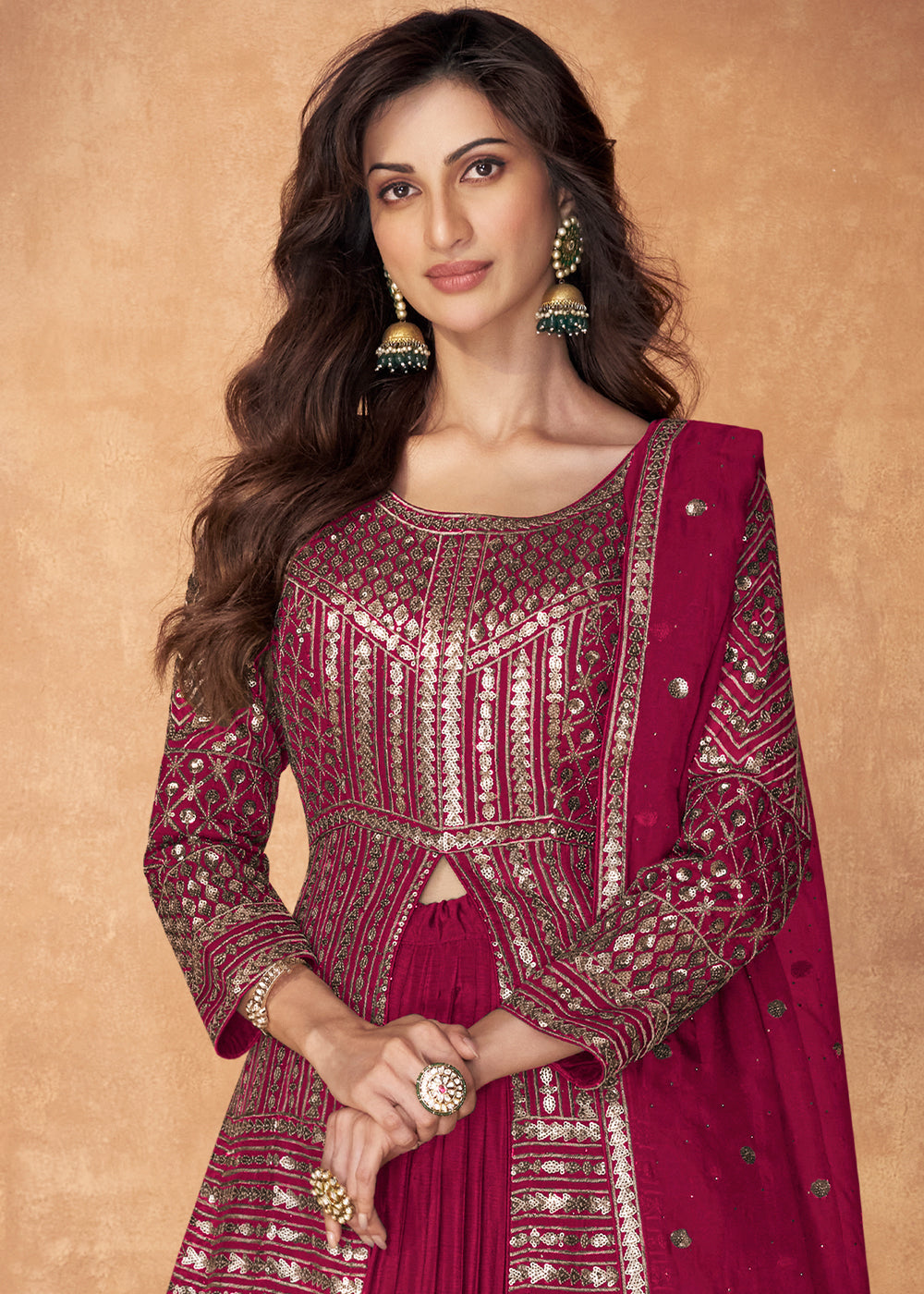 Ruby Pink Sequence Embroidered Silk Top & Skirt Set with Dupatta