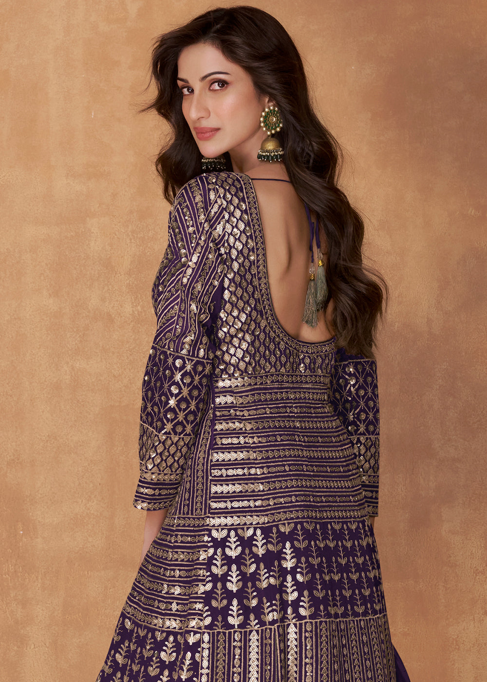 Indigo Purple Sequence Embroidered Silk Top & Skirt Set with Dupatta