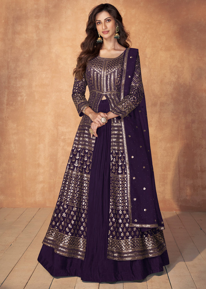 Indigo Purple Sequence Embroidered Silk Top & Skirt Set with Dupatta