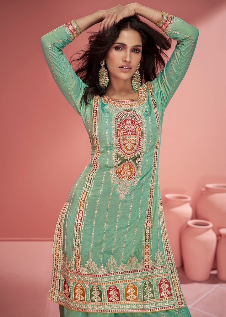 Shades Of Green Organza Silk Plazzo Suit with Embroidery work