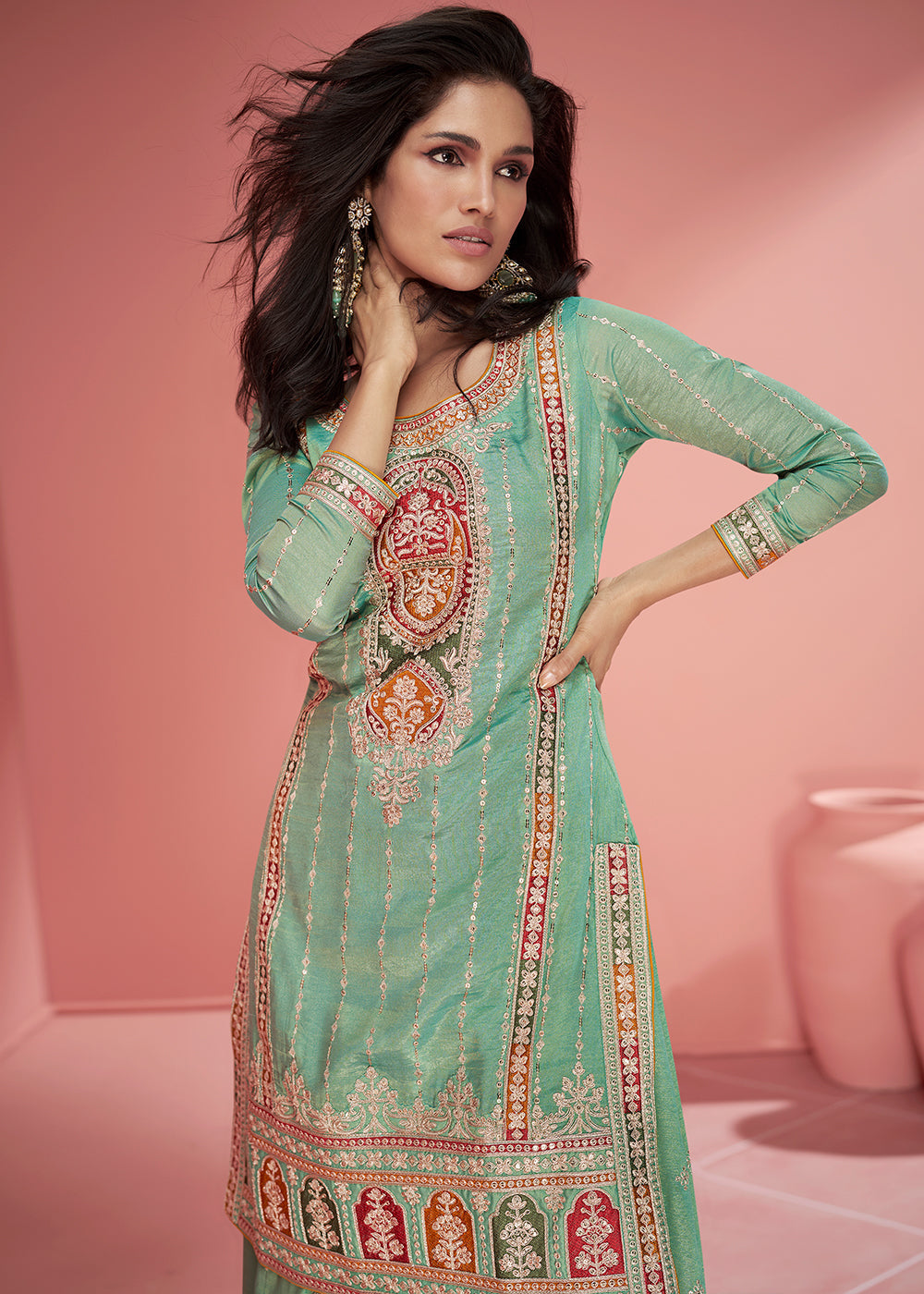 Shades Of Green Organza Silk Plazzo Suit with Embroidery work