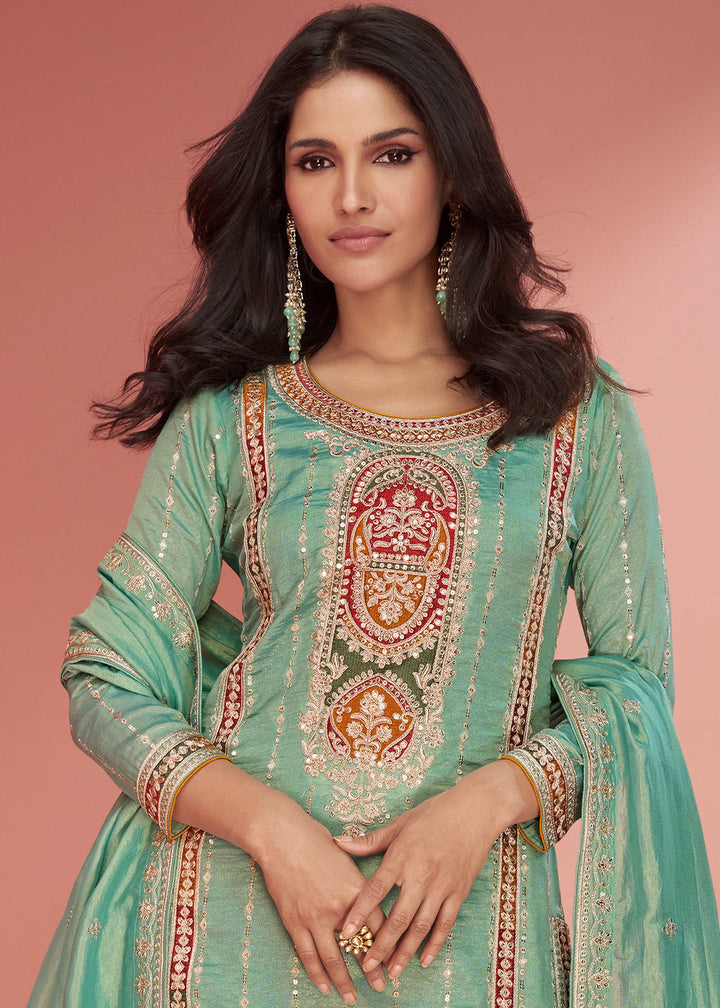 Shades Of Green Organza Silk Plazzo Suit with Embroidery work