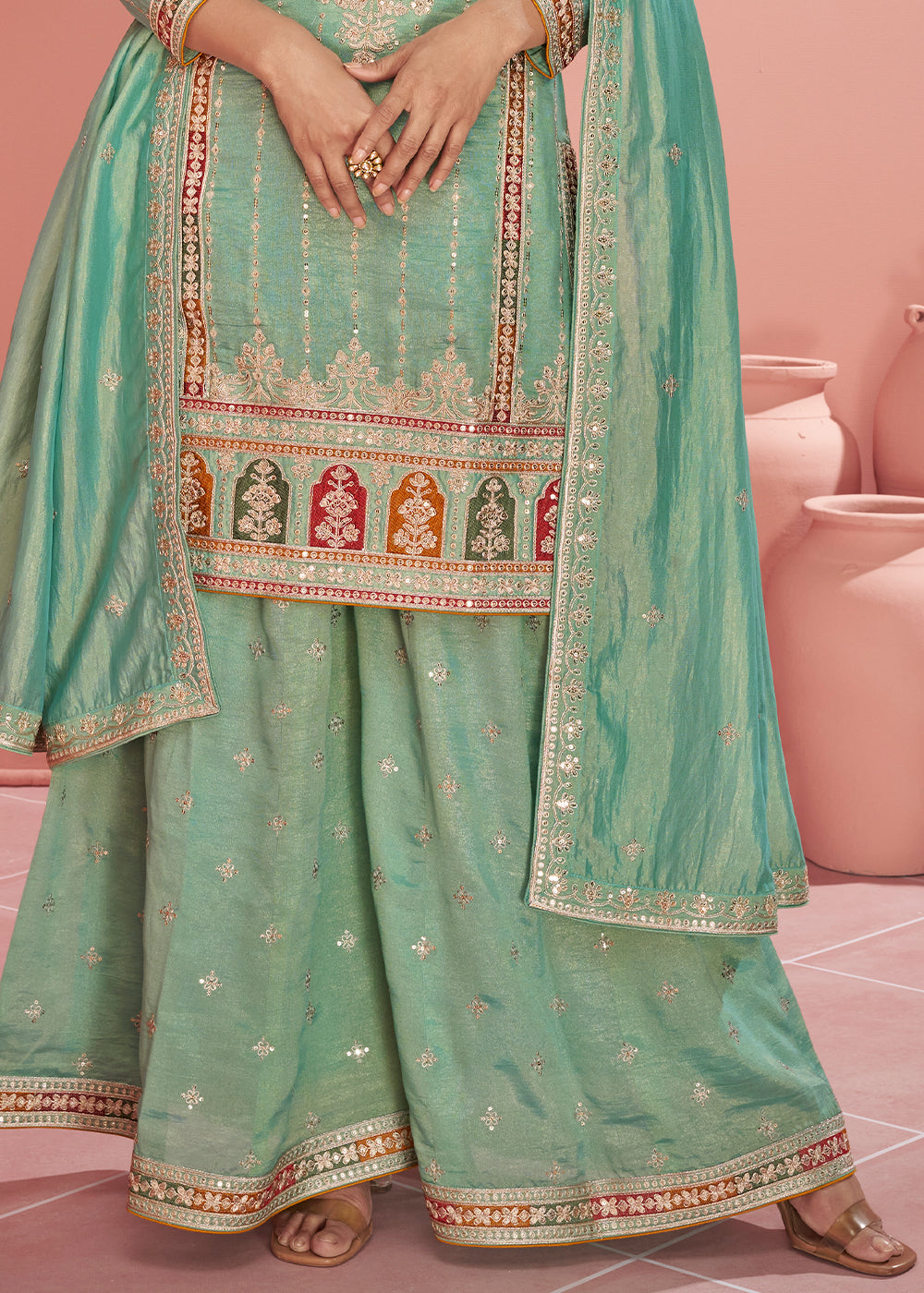 Shades Of Green Organza Silk Plazzo Suit with Embroidery work