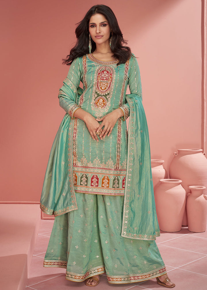 Shades Of Green Organza Silk Plazzo Suit with Embroidery work