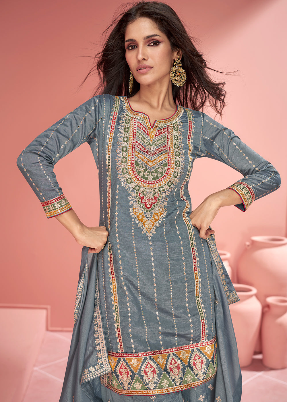 Steel Grey Organza Silk Plazzo Suit with Embroidery work