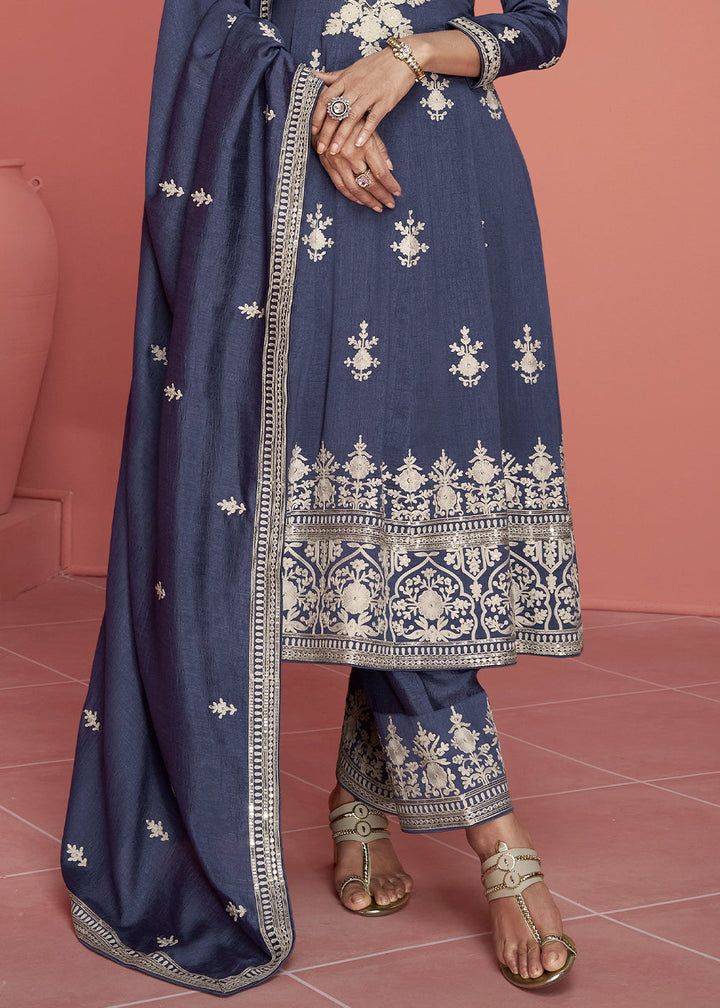 Yale Blue Embroidered Silk Salwar Suit