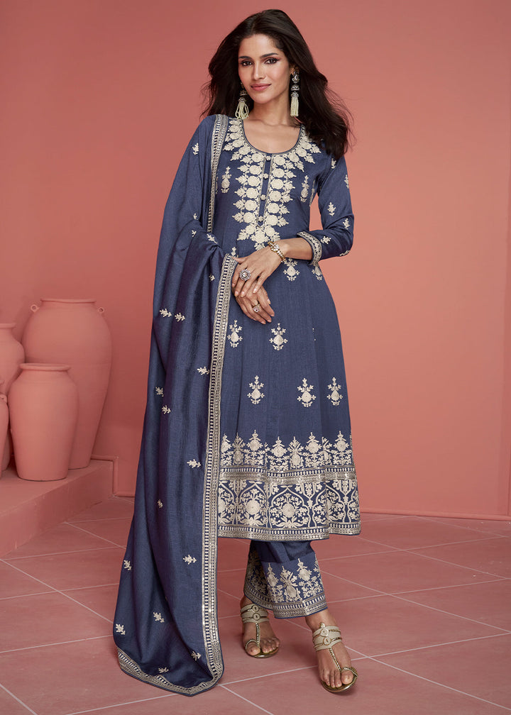 Yale Blue Embroidered Silk Salwar Suit