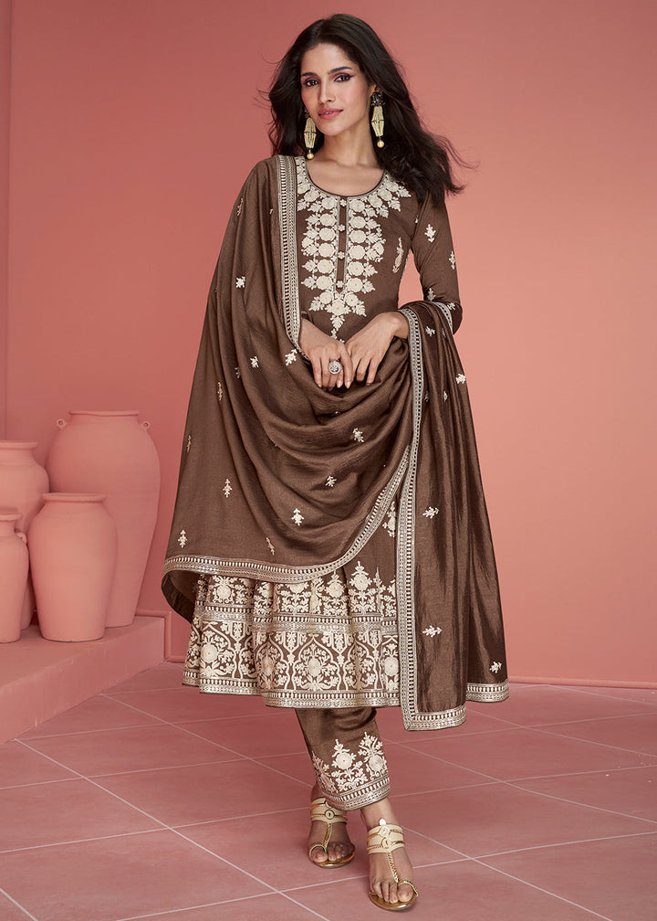 Wood Brown Embroidered Silk Salwar Suit