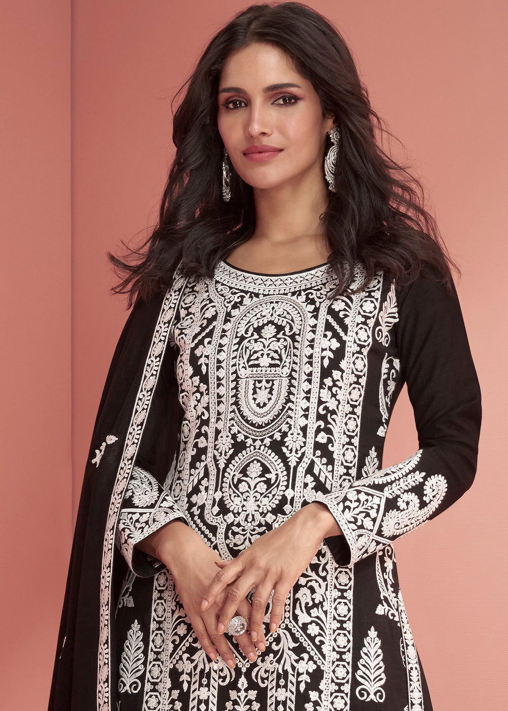 Pebble Black Silk Designer Plazzo Suit with Intricate Embroidery work