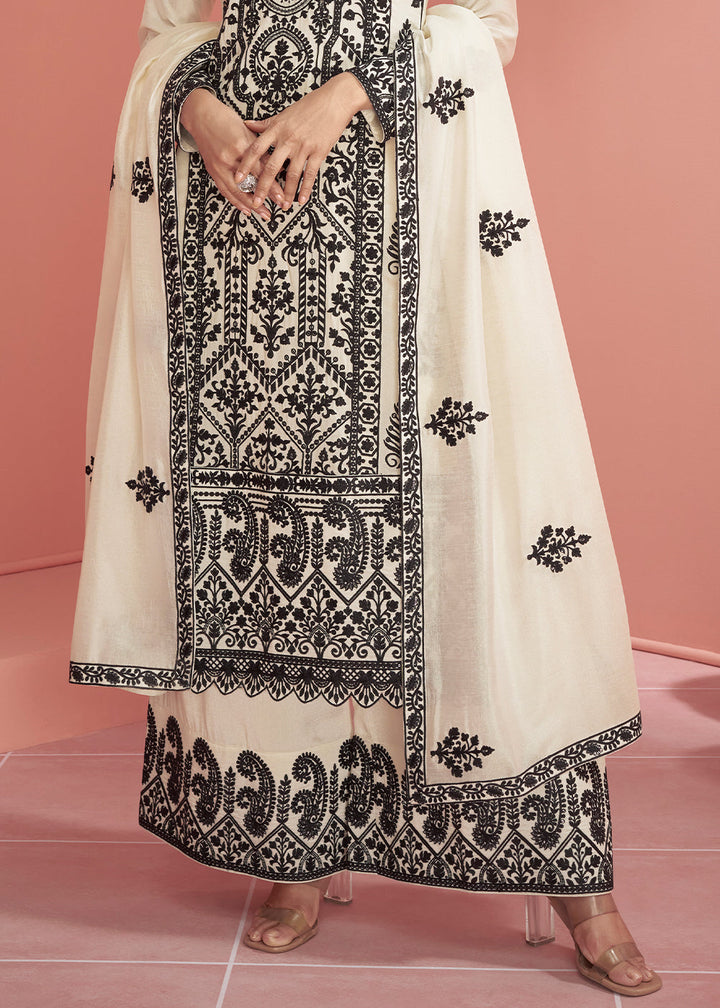 Daisy White Silk Designer Plazzo Suit with Intricate Embroidery work