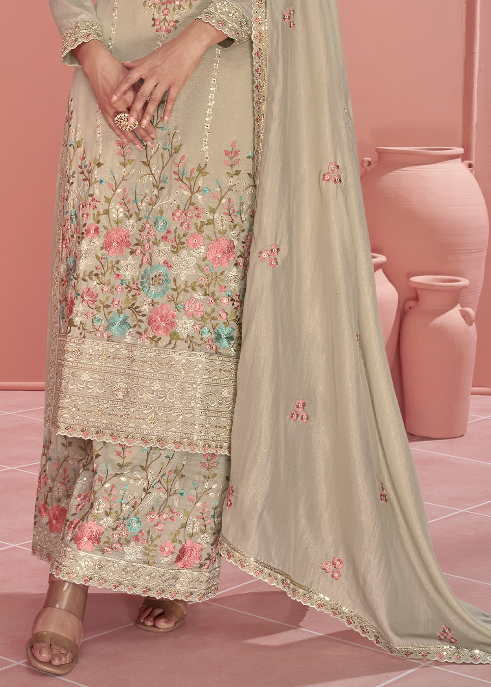 Greyish Brown Floral Embroidered Organza Silk Plazzo Suit