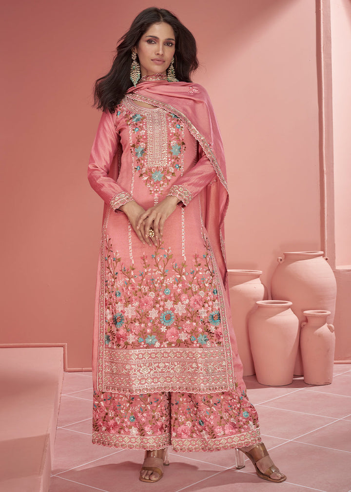 Brick Pink Floral Embroidered Organza Silk Plazzo Suit