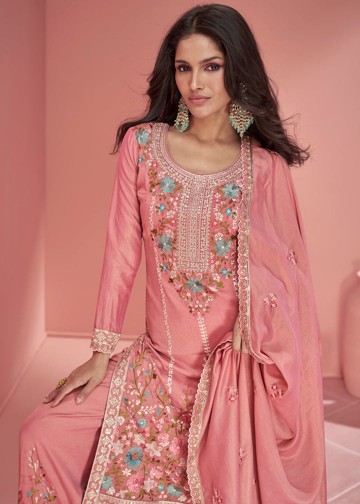 Brick Pink Floral Embroidered Organza Silk Plazzo Suit