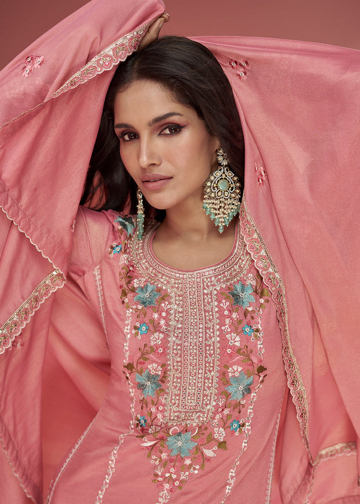 Brick Pink Floral Embroidered Organza Silk Plazzo Suit