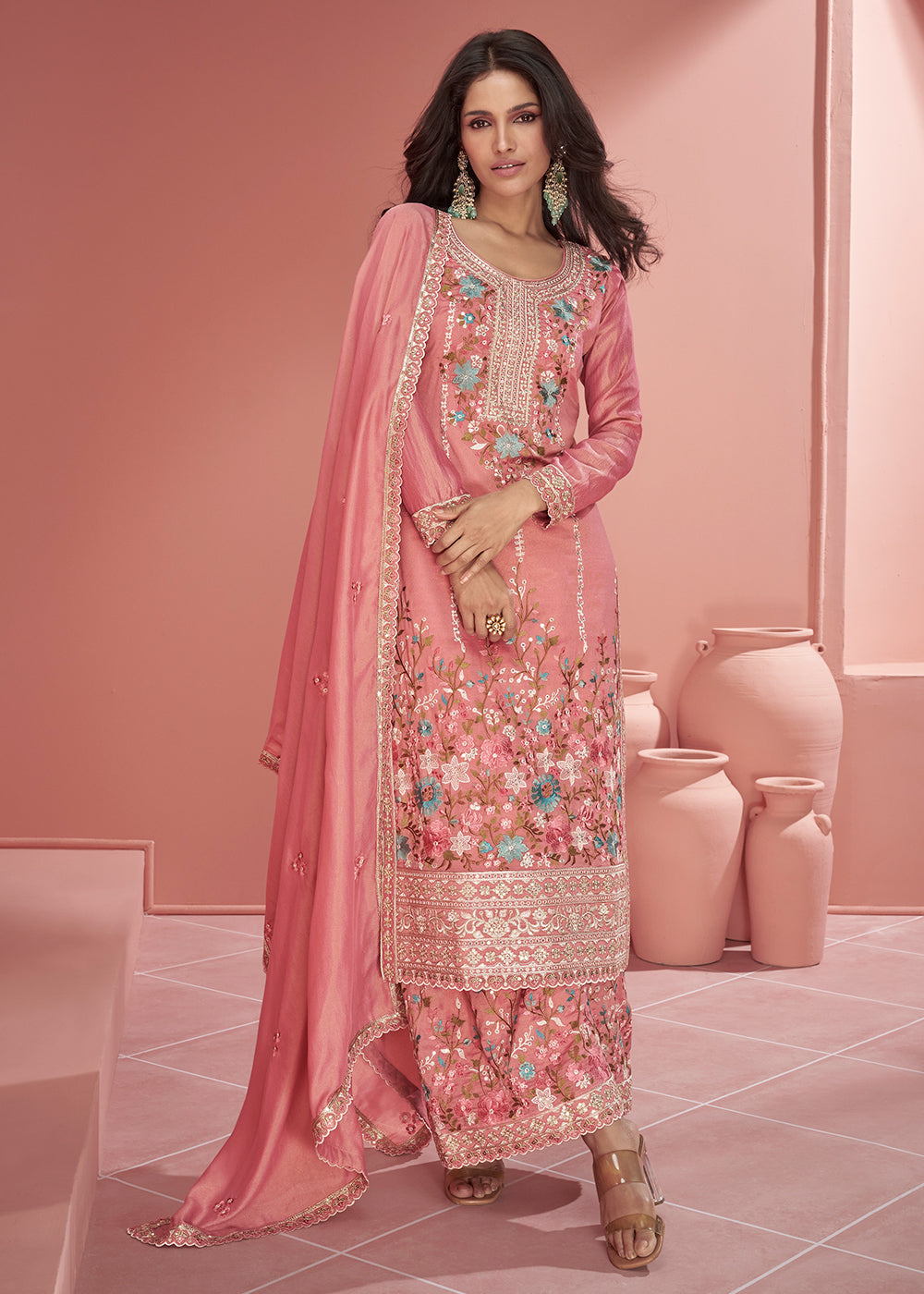 Brick Pink Floral Embroidered Organza Silk Plazzo Suit