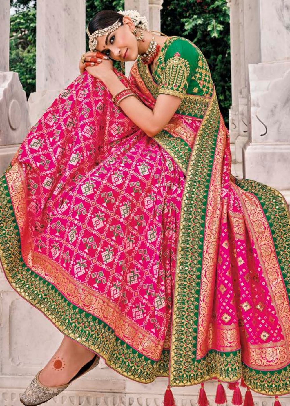 Fuscia Pink Patan Patola Silk Saree with Embroidered Blouse: Top Pick