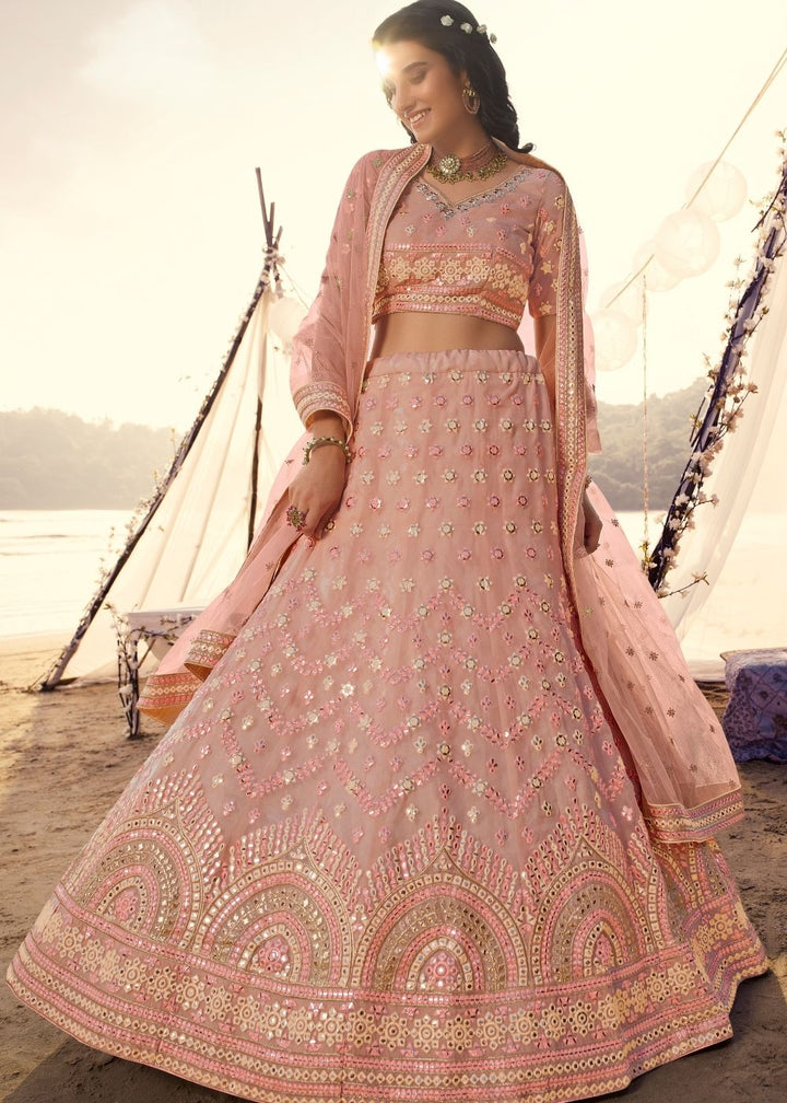 Salmon Pink Organza Lehenga Choli with Thread, Foli and Mirror work