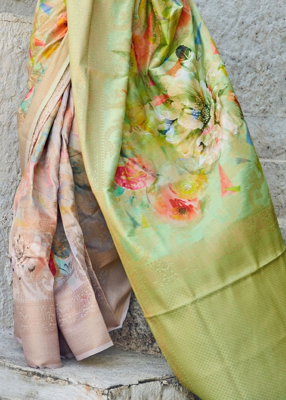 Lime Green Digital Printed Satin Silk Saree