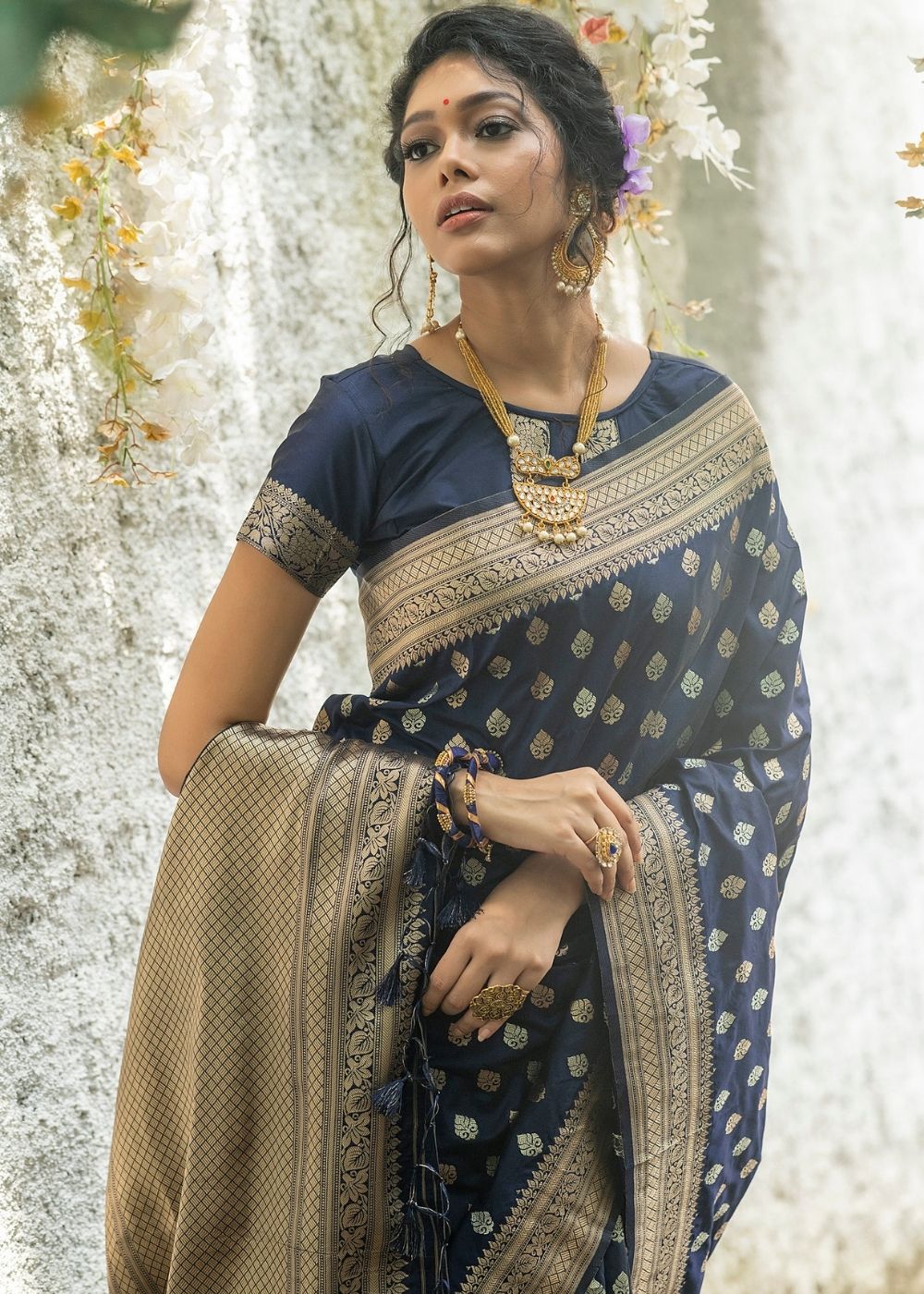 Denim Blue Soft Banarasi Silk Saree with overall Butti