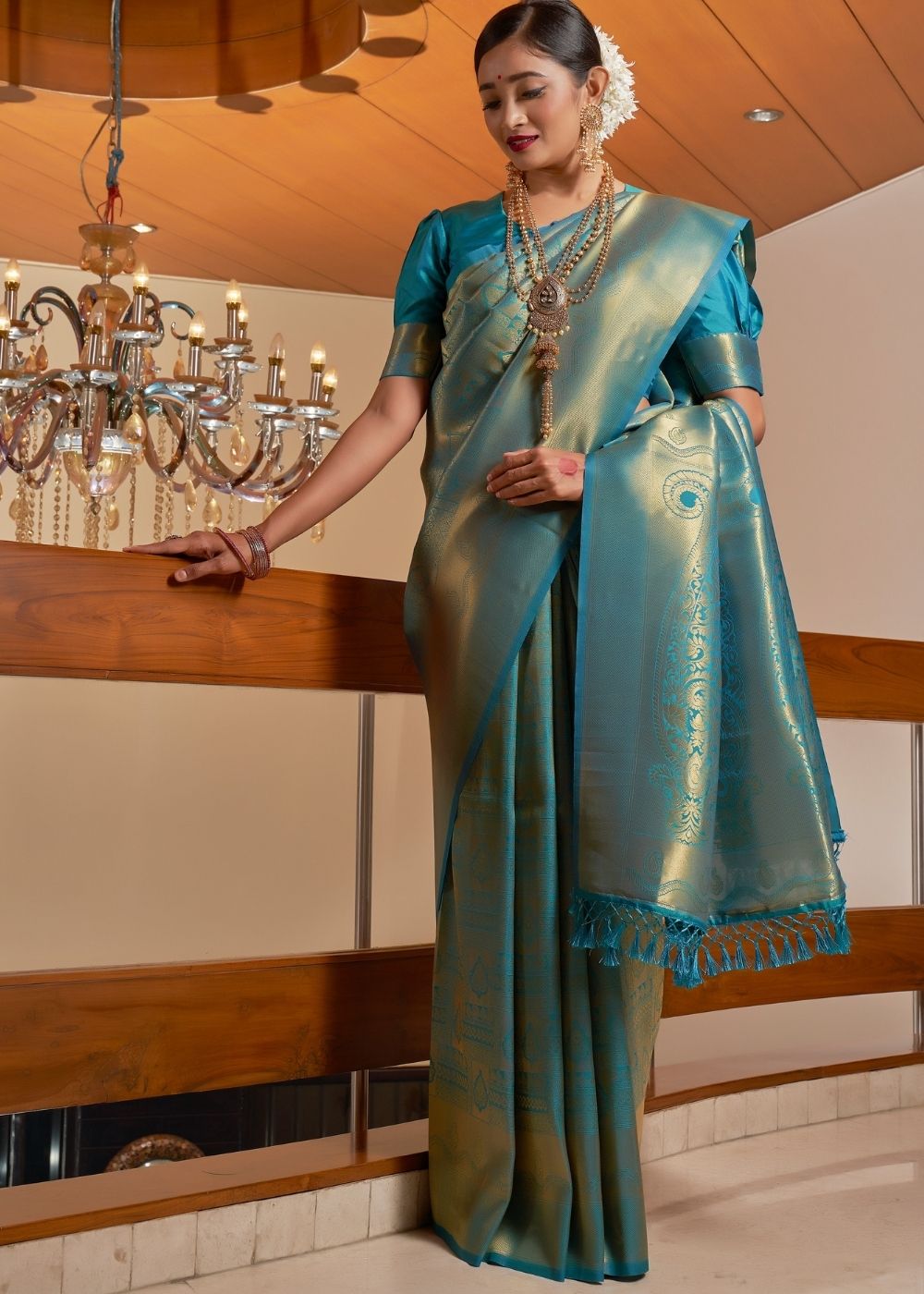 Teal Blue Zari Woven Kanjivaram Silk Saree