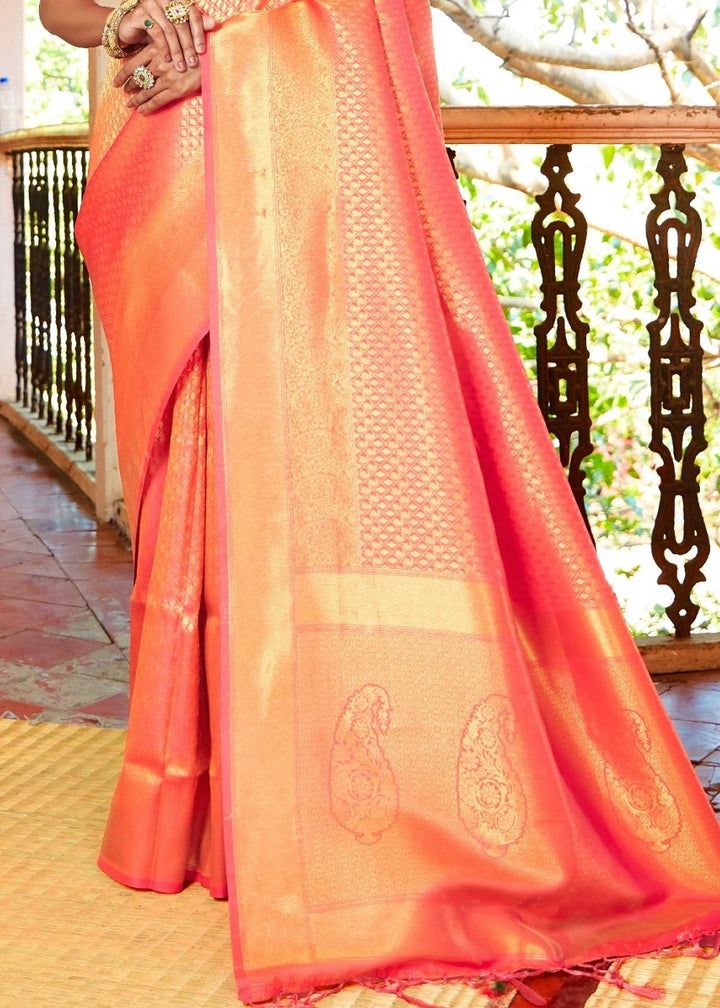 Coral Orange Zari Woven Kanjivaram Silk Saree