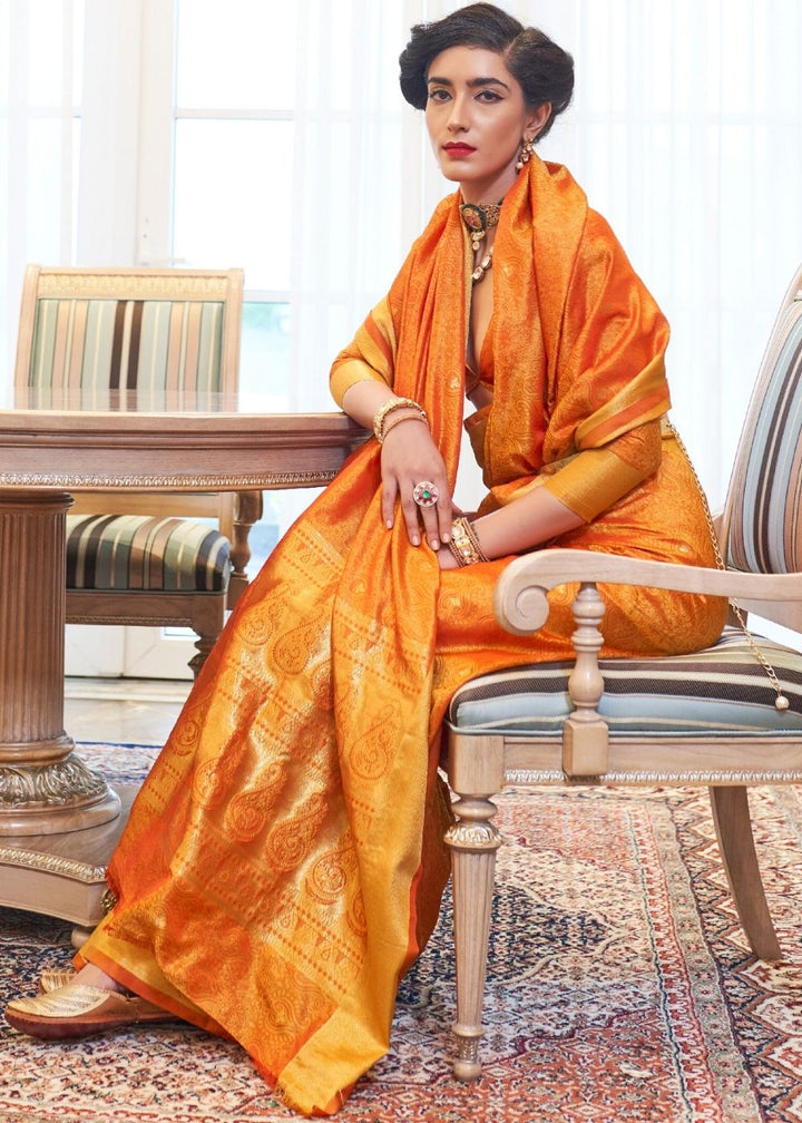 Pumpkin Orange Ultra Soft Kanjivaram Silk Saree with Zari  Border and Pallu