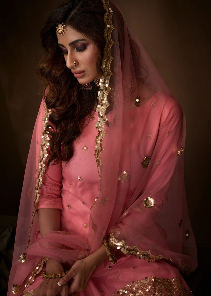 Coral Pink Designer Soft Net Sharara Suit with Sequin, Thread and Dori work