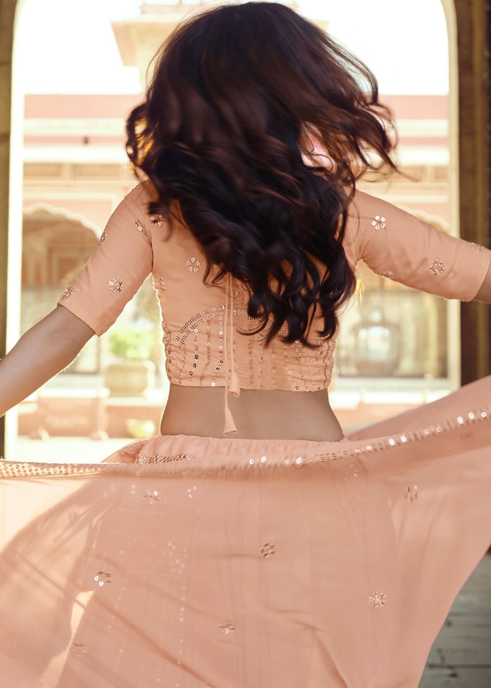 Peach Pink Georgette Lehenga Choli with Sequins & Thread work