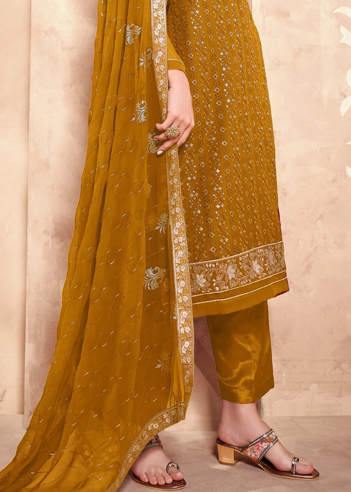 Mustard Yellow Georgette Salwar Suit with Thread & Sequence Embroidery work