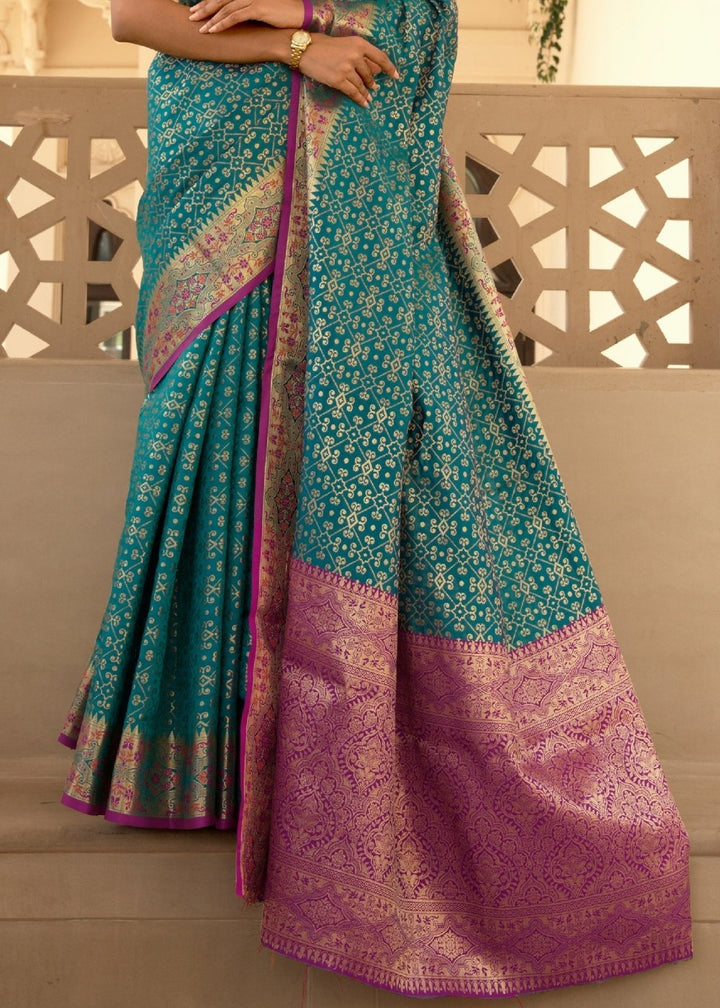 Teal Blue Woven Soft Banarasi Silk Saree with Contrast Pallu & Blouse