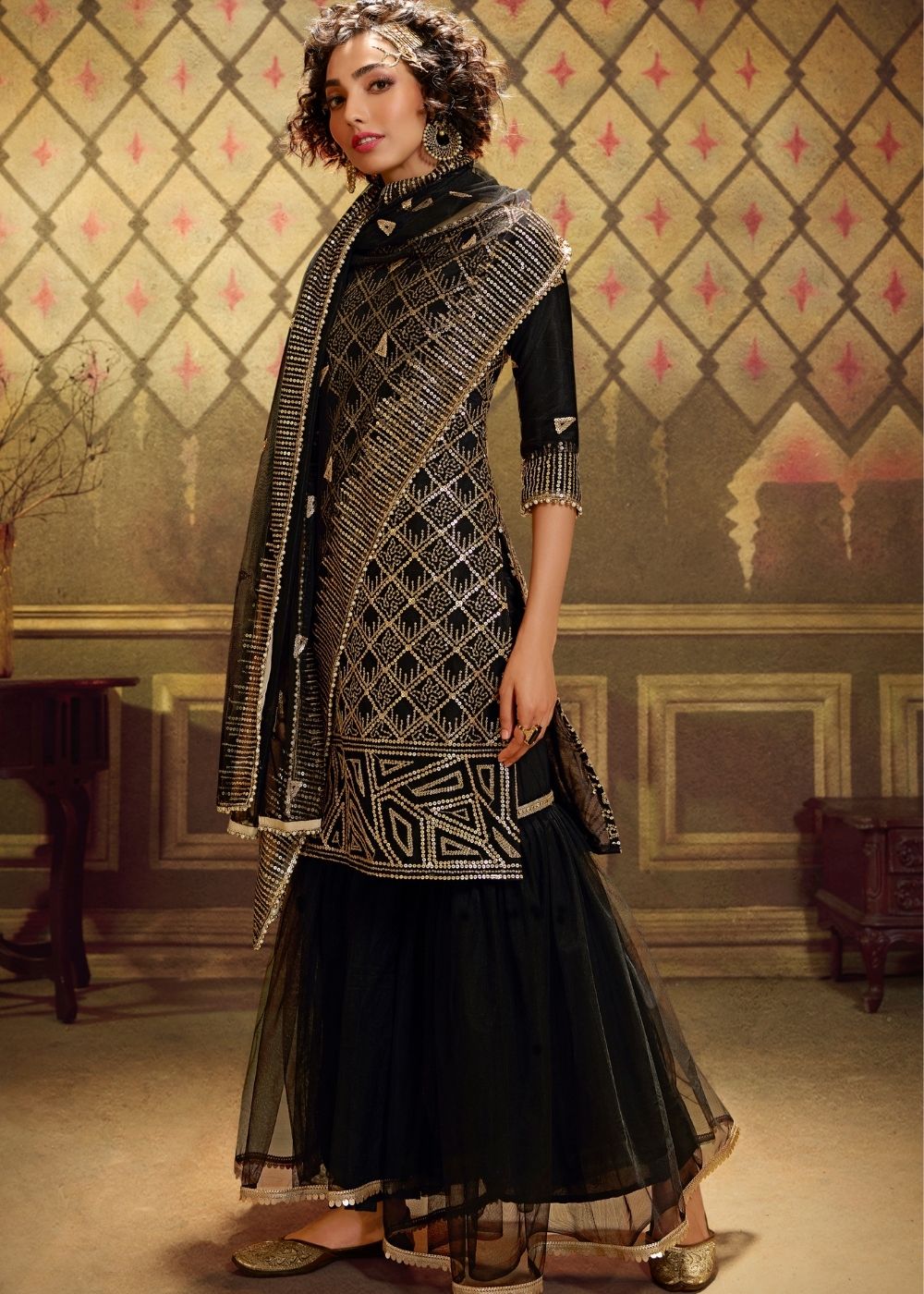 Midnight Black Designer Soft Net Sharara Suit with overall Sequins work