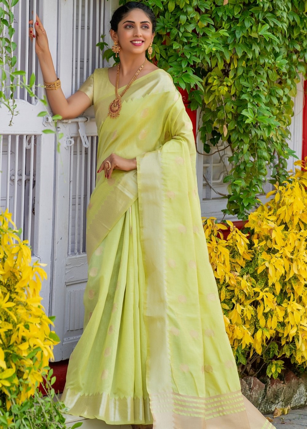 Lime Green Assam Silk Saree with Zari Weaving Butti overall