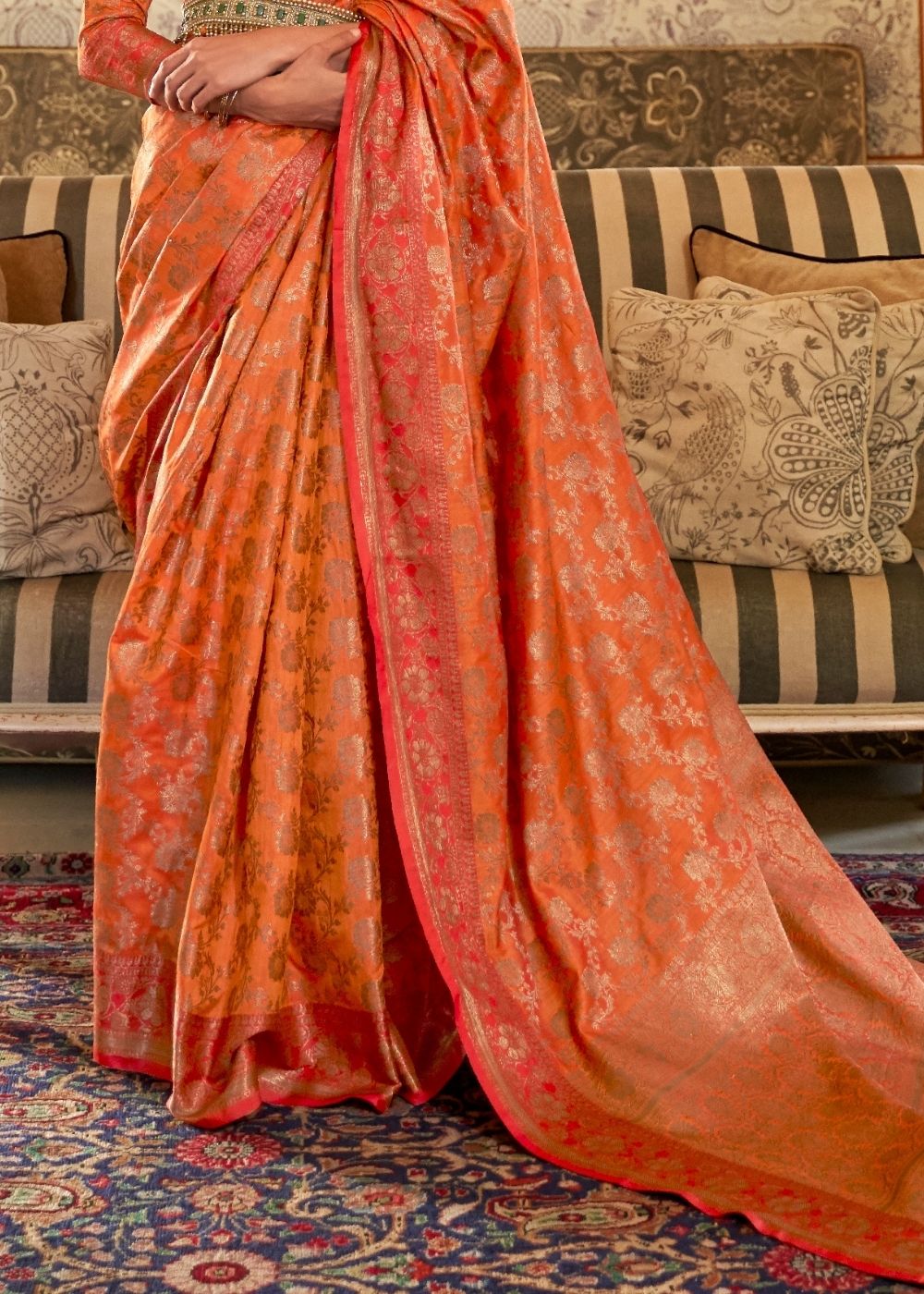 Amber Orange Woven Banarasi Tussar Silk Saree