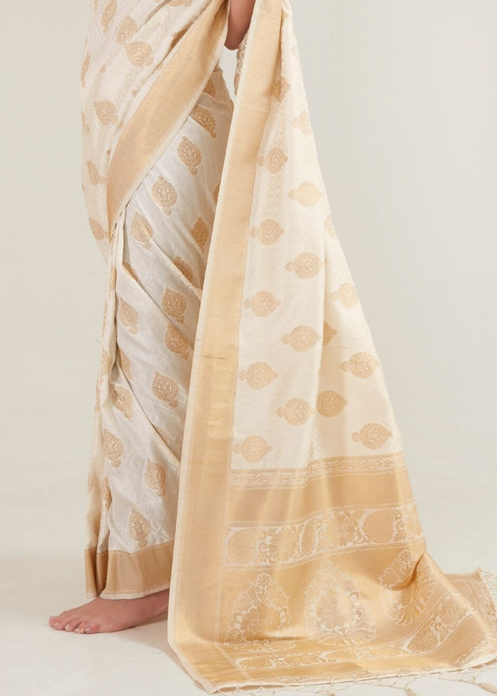 Beige White Zari Butta Woven Banasari Silk Saree