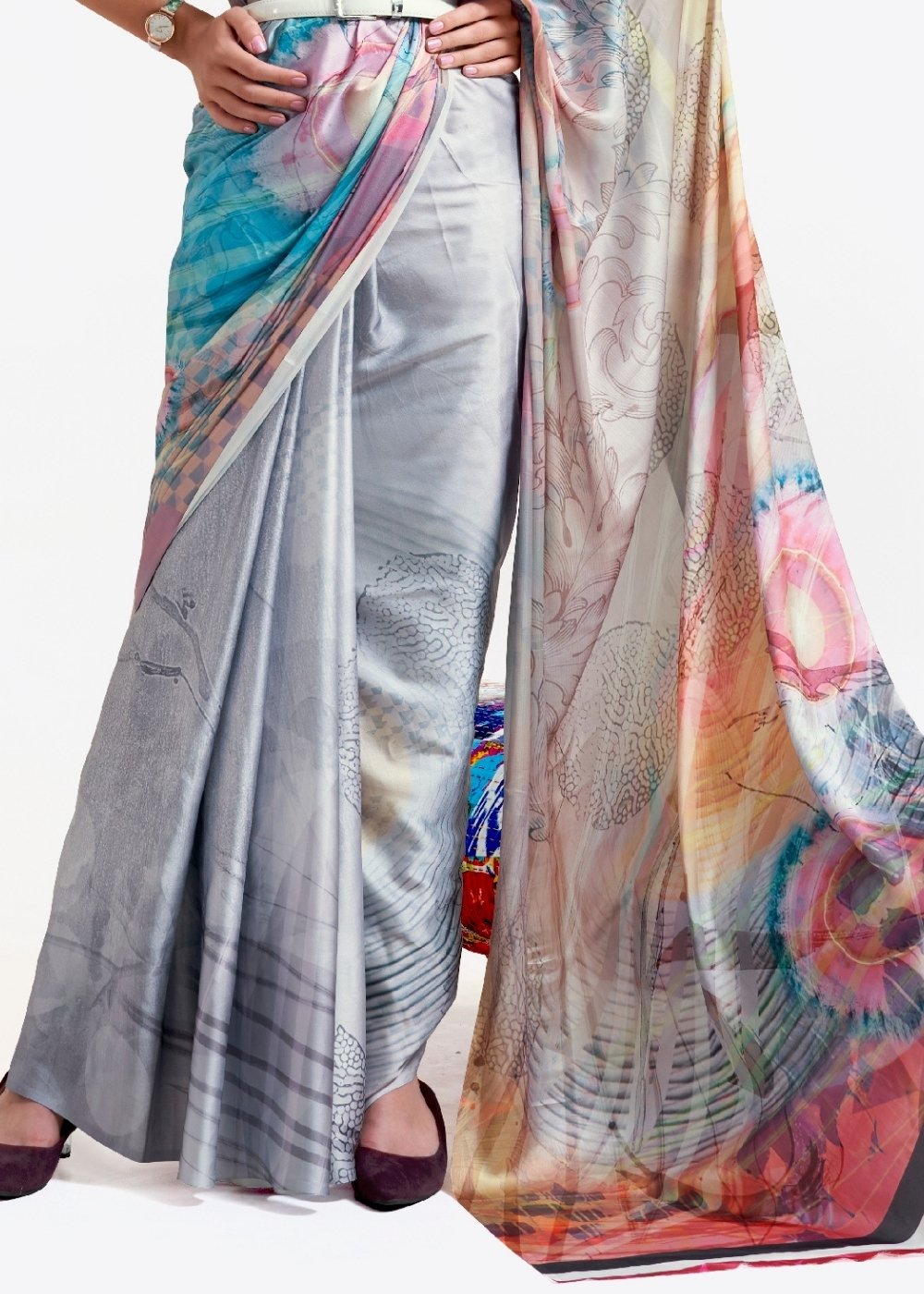 Silver Grey Digital Printed Satin Crepe Saree