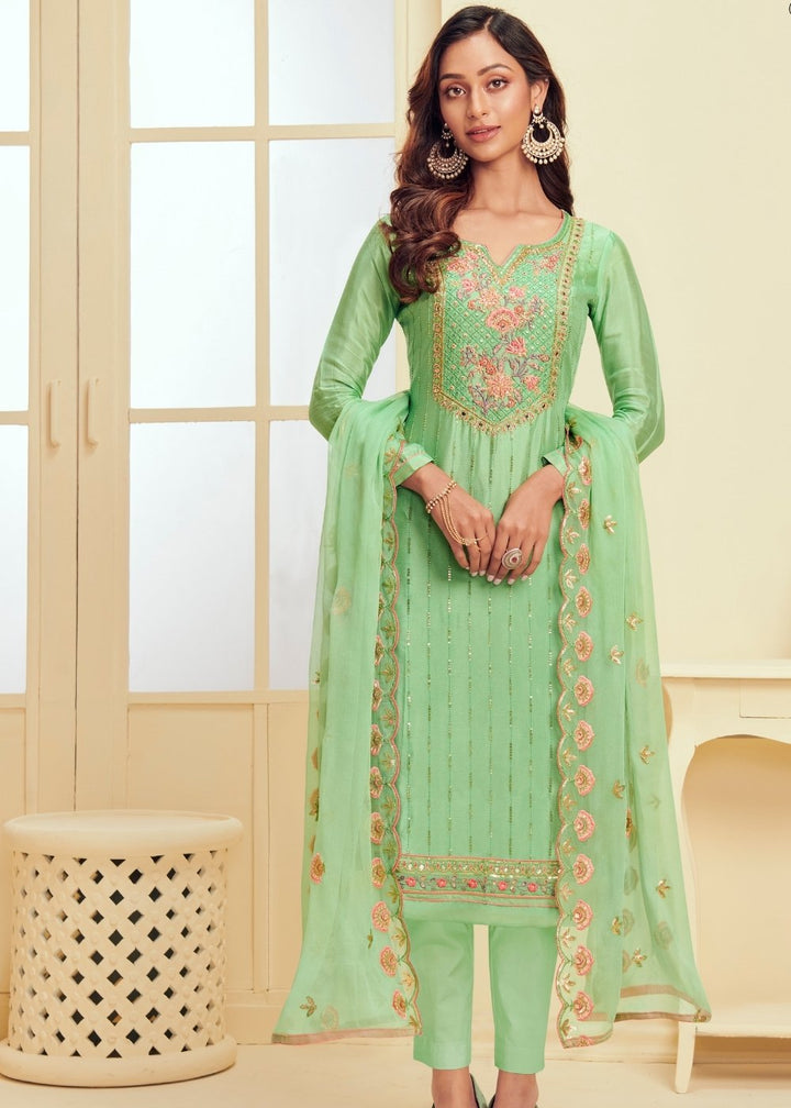 Seafoam Green Georgette Salwar Suit with Thread & Zari Embroidery work