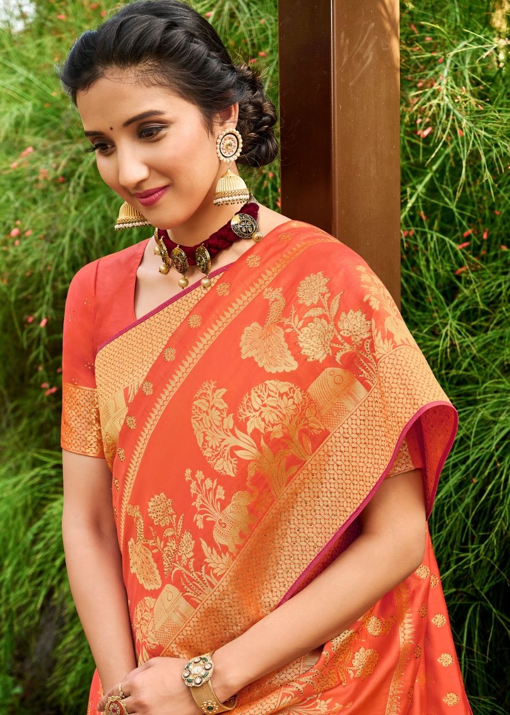 Coral Orange Zari Woven Banarasi Silk Saree