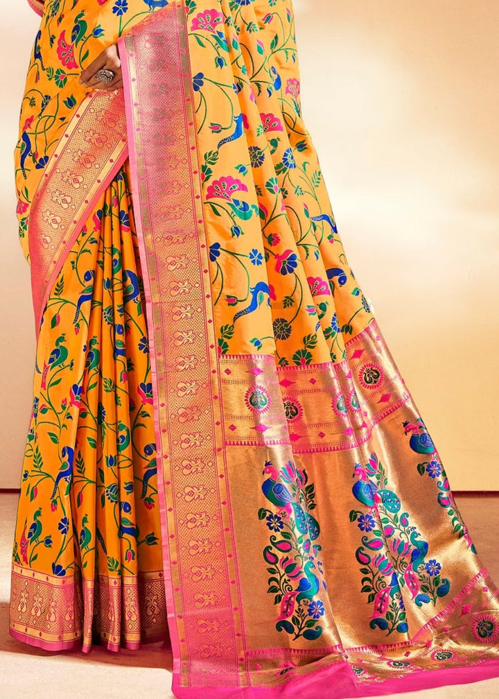 Saffron Yellow Woven Banarasi Paithani Silk Saree