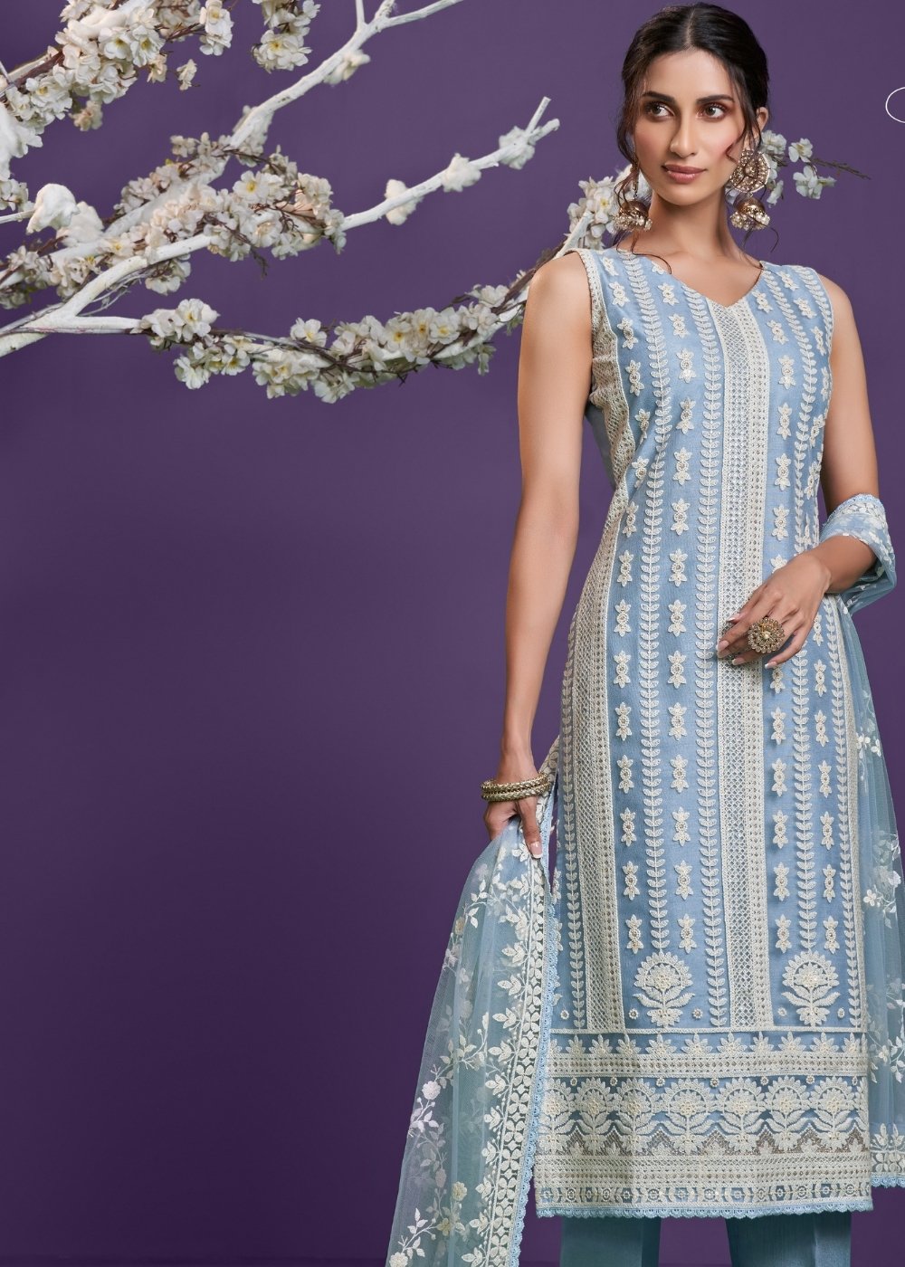 Zenith Blue Net Lucknowi Salwar Suit with Cotton Thread Embroidery & Sequence work