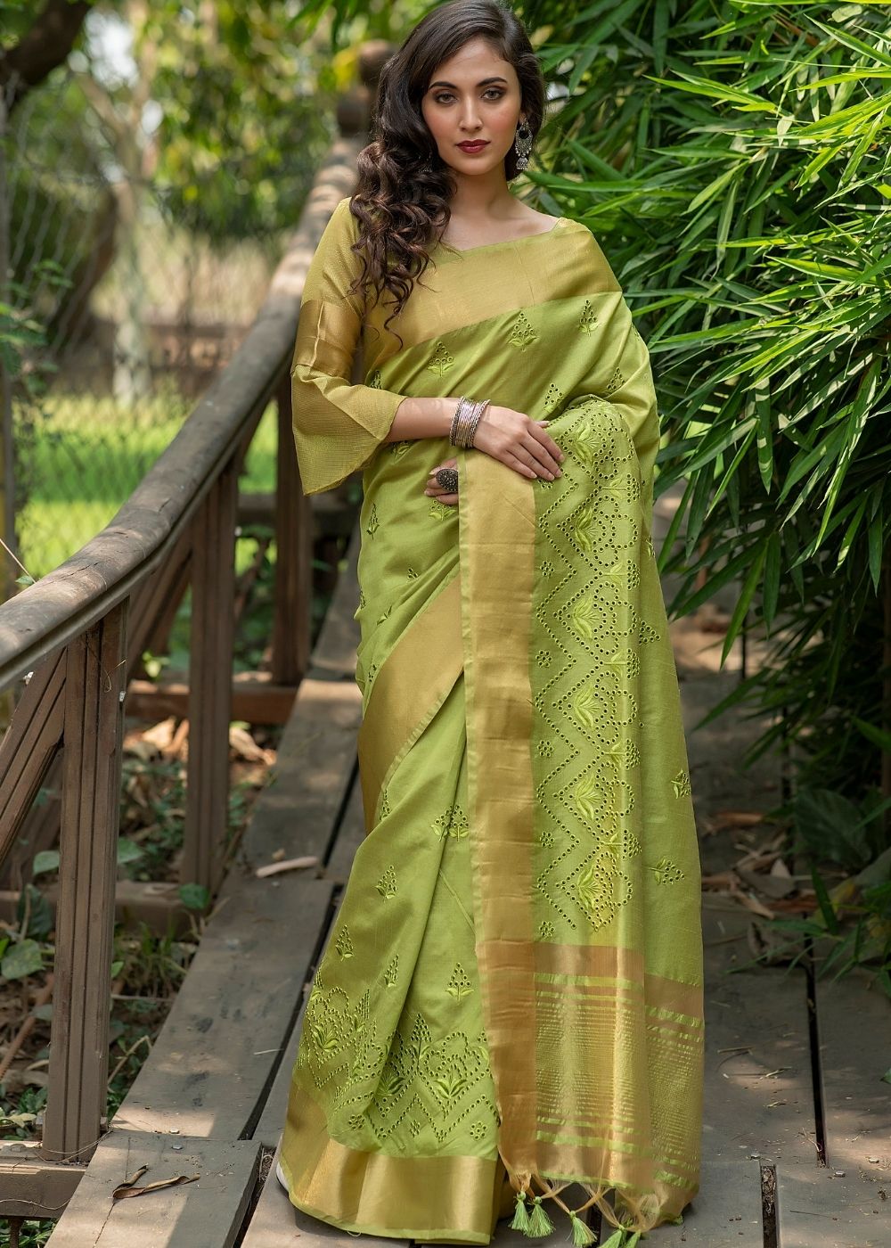 Pickle Green Assam Silk Saree with Cut-Work Embroidery