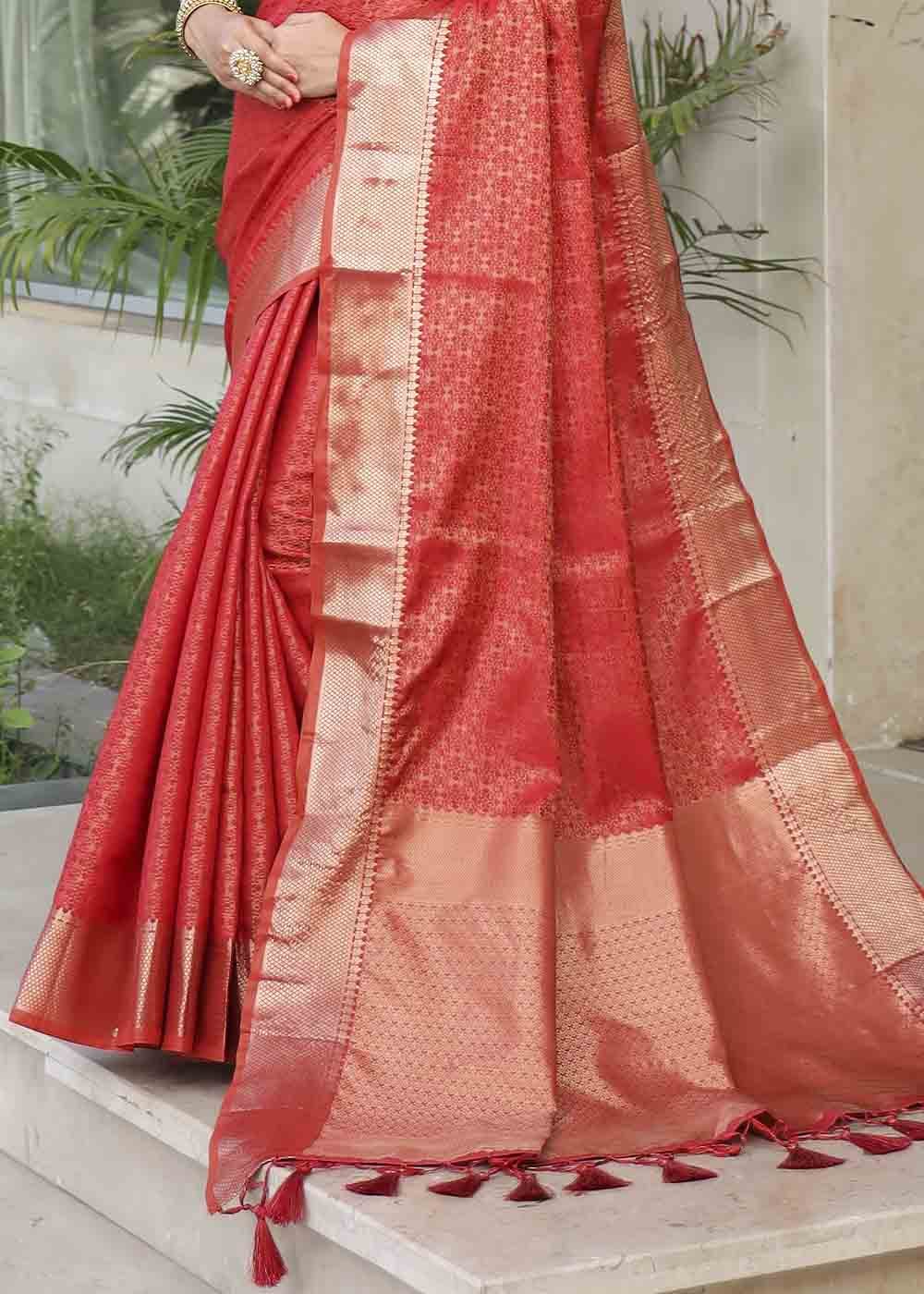 Chilli Red Woven Soft Banarasi Silk Saree