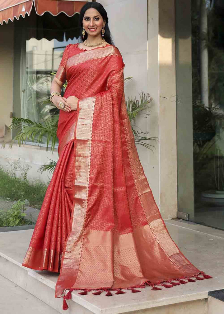 Chilli Red Woven Soft Banarasi Silk Saree