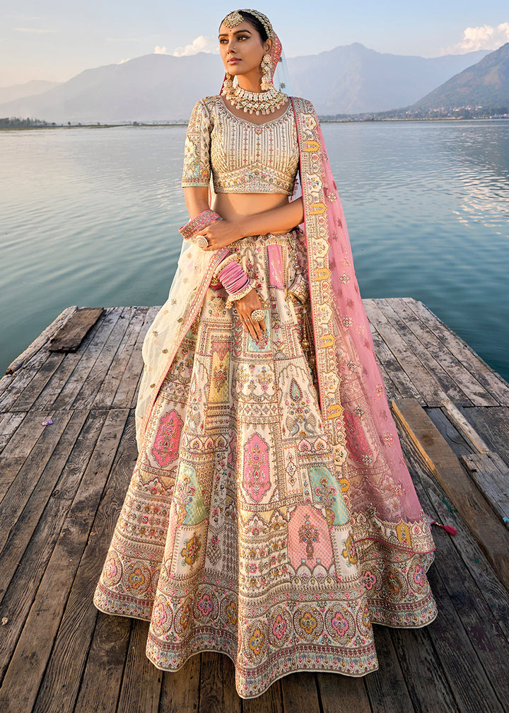 Cream White Banarasi Silk Bridal Lehenga Choli with Heavy Embroidery Work: Top Pick (PRE-ORDER)