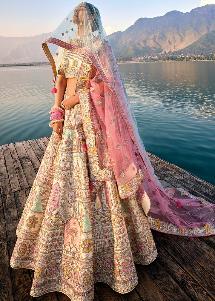 Cream White Banarasi Silk Bridal Lehenga Choli with Heavy Embroidery Work: Top Pick (PRE-ORDER)