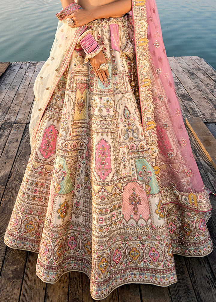 Cream White Banarasi Silk Bridal Lehenga Choli with Heavy Embroidery Work: Top Pick (PRE-ORDER)