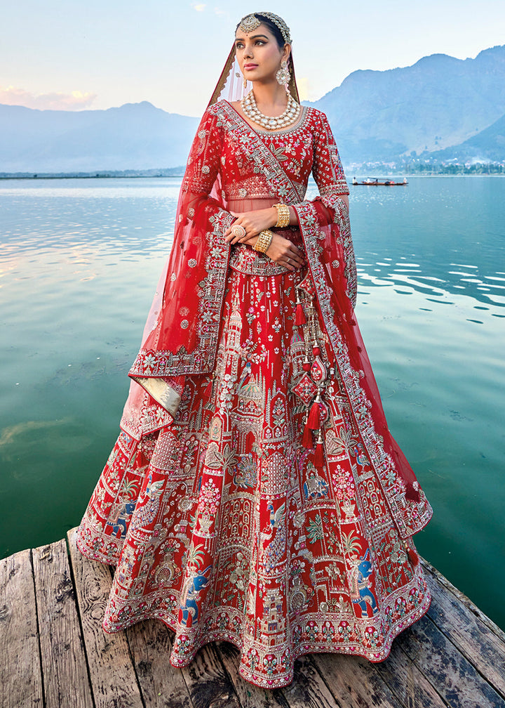 Carmine Red Banarasi Silk Bridal Lehenga Choli with Heavy Embroidery Work: Top Pick