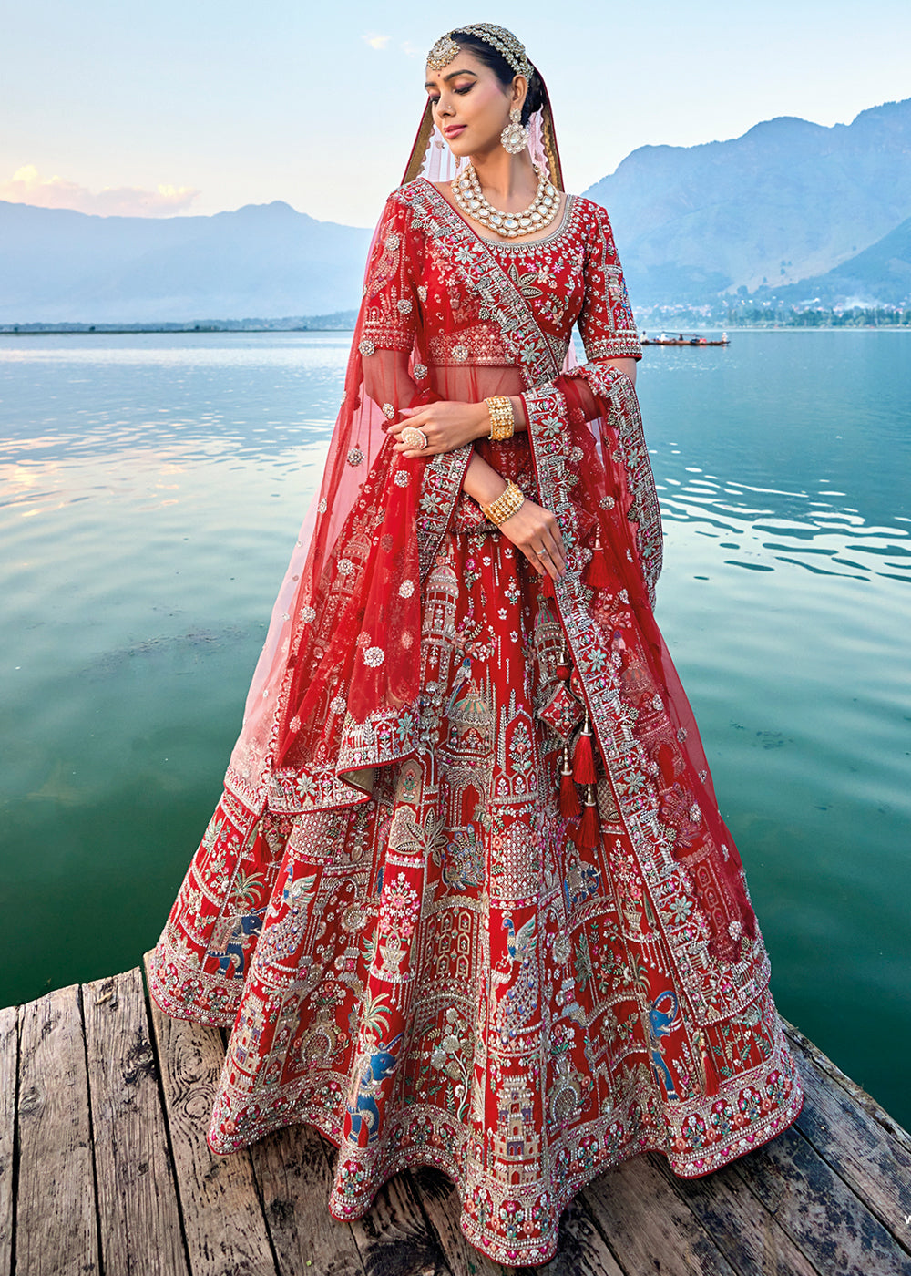 Carmine Red Banarasi Silk Bridal Lehenga Choli with Heavy Embroidery Work: Top Pick