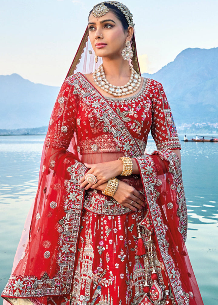 Carmine Red Banarasi Silk Bridal Lehenga Choli with Heavy Embroidery Work: Top Pick