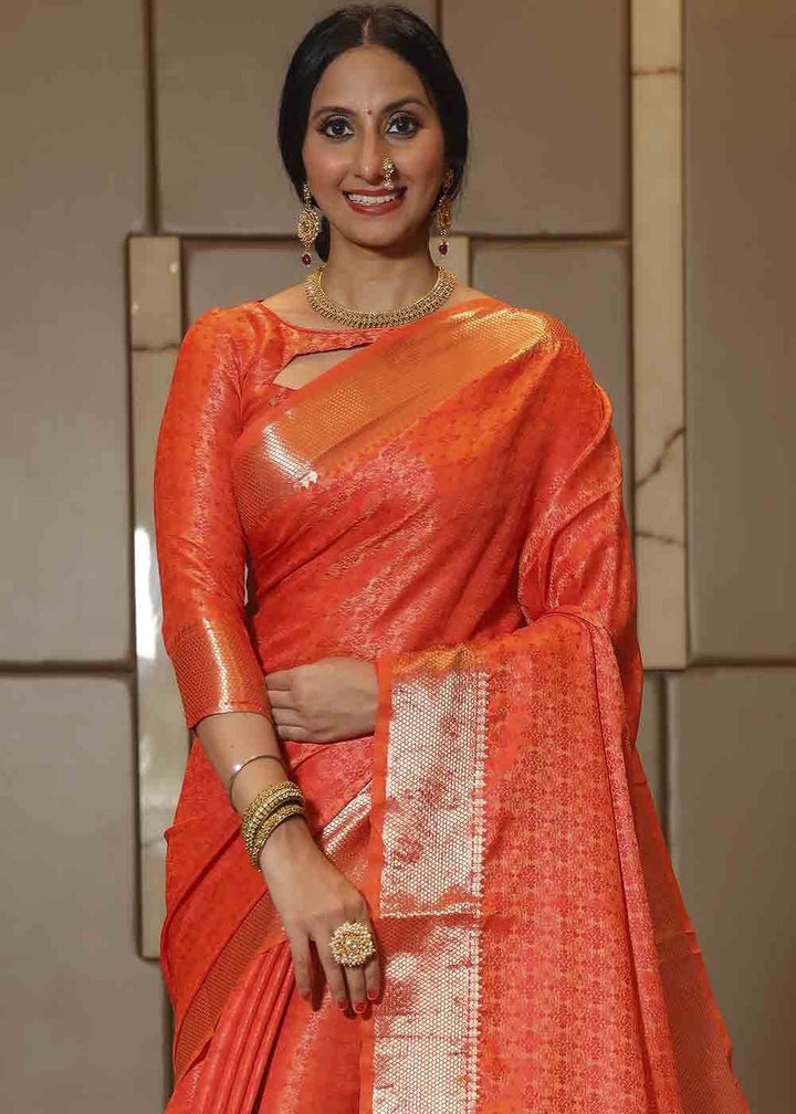 Pumpkin Orange Woven Soft Banarasi Silk Saree