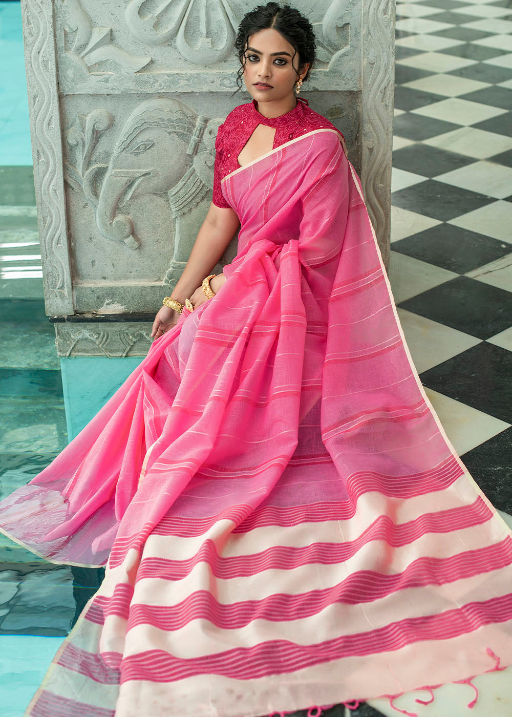 Raspberry Pink Linen Saree having Zari Woven Stripes